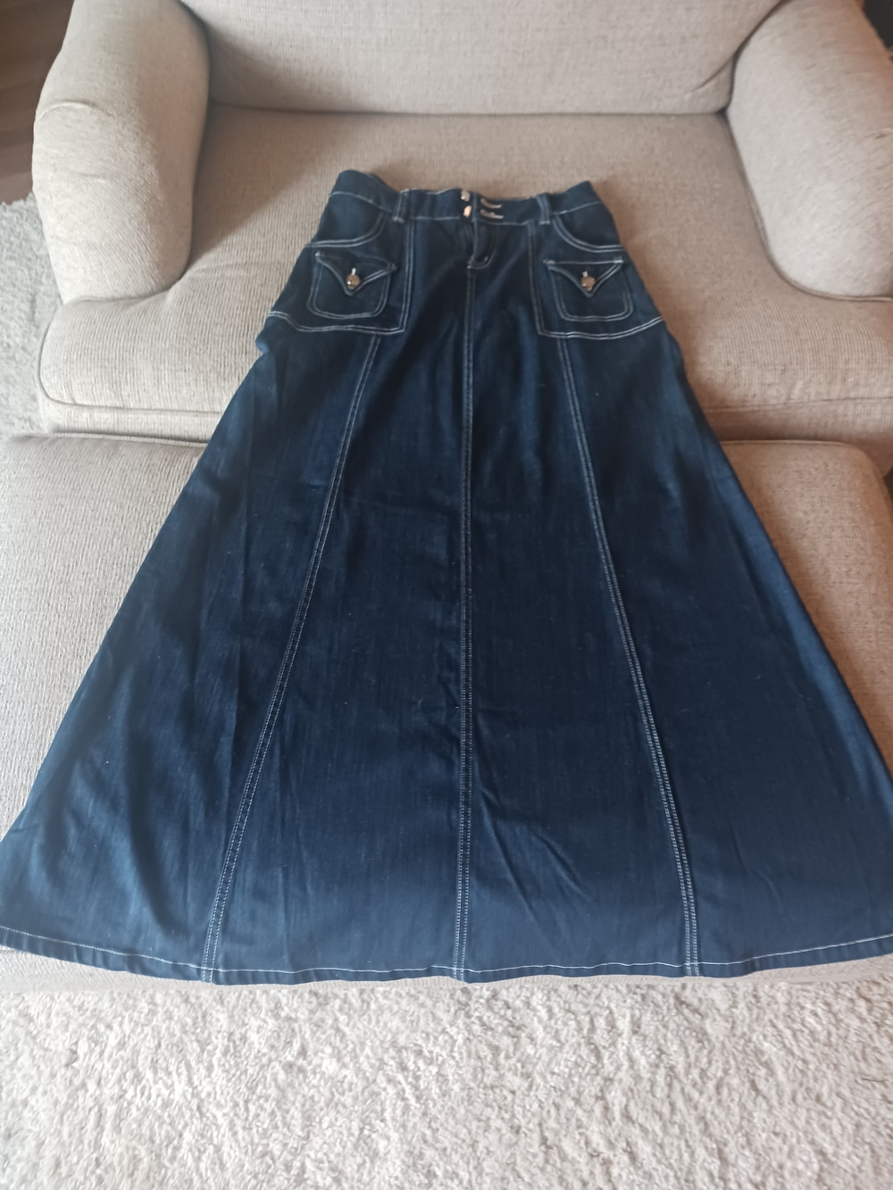 Dark Blue Denim A-Line Maxi Skirt with Front Patch Pockets